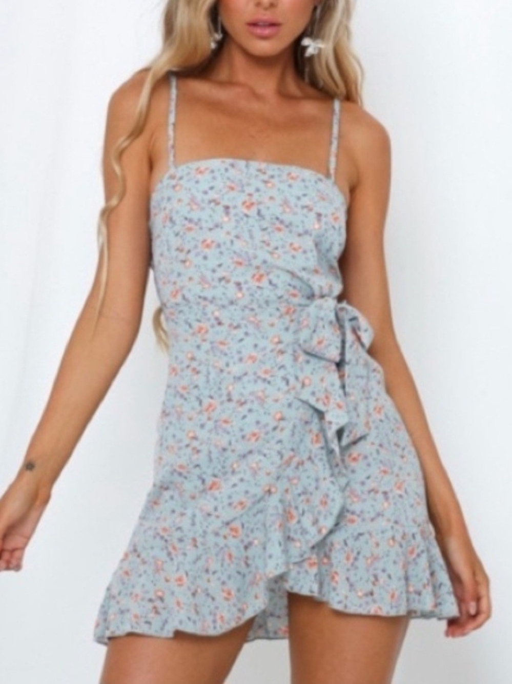New Hello Molly Ruffle Wrap Tie Mini Dress In Peach White Print Size Large